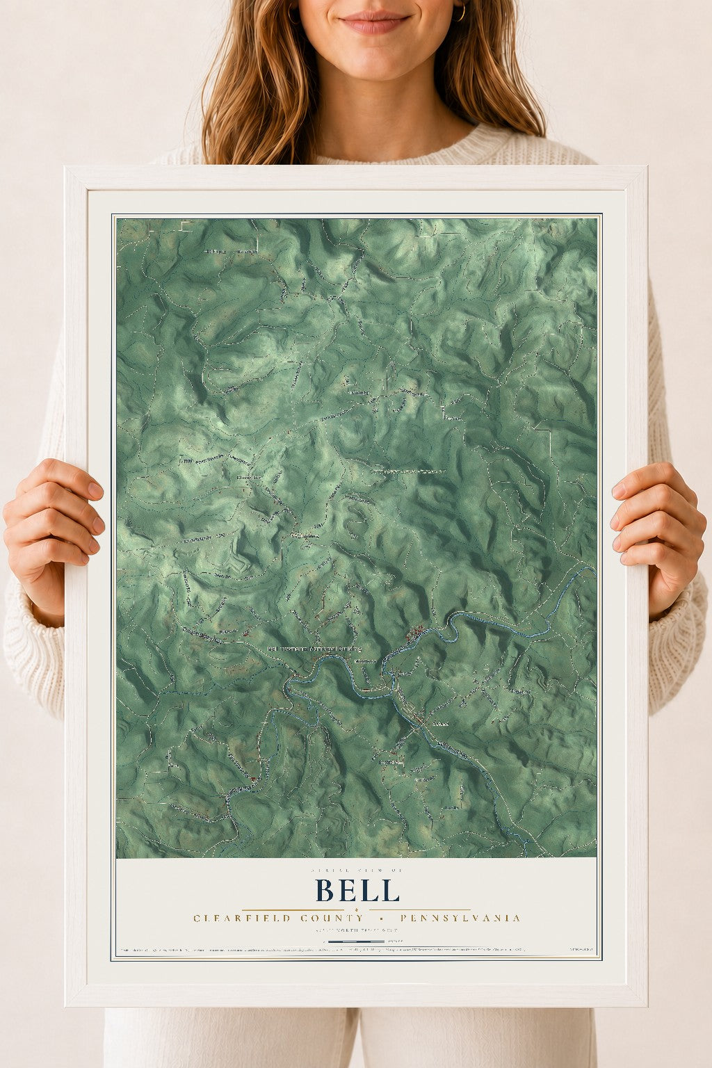 Map of Bell, Clearfield County, Pennsylvania, 18 x 24 inch print in a white wood frame
