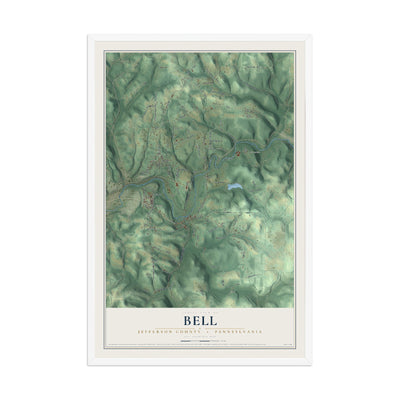 Map of Bell, Jefferson County, Pennsylvania, 12 x 18 inch print in a white wood frame