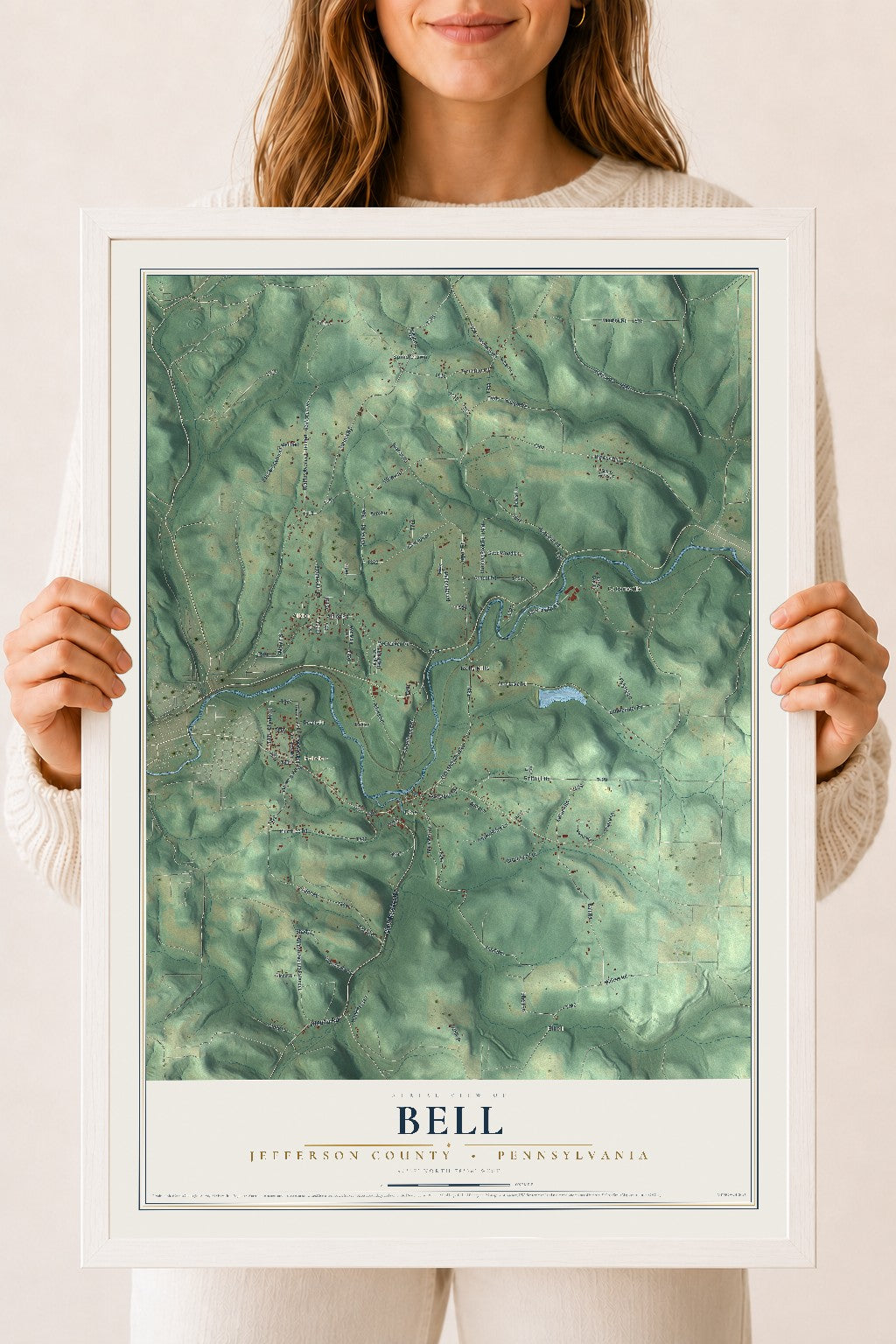 Map of Bell, Jefferson County, Pennsylvania, 18 x 24 inch print in a white wood frame