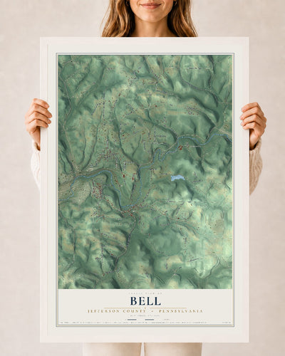 Map of Bell, Jefferson County, Pennsylvania, 24 x 36 inch print in a white wood frame