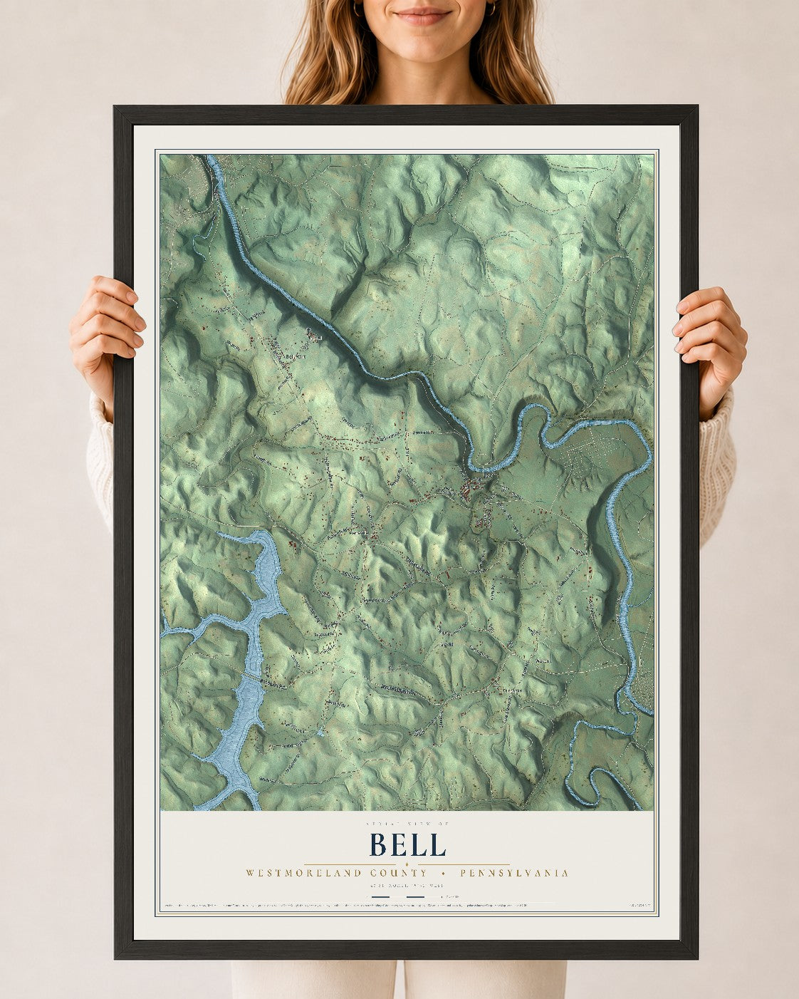 Map of Bell, Westmoreland County, Pennsylvania, 24 x 36 inch print in a black wood frame