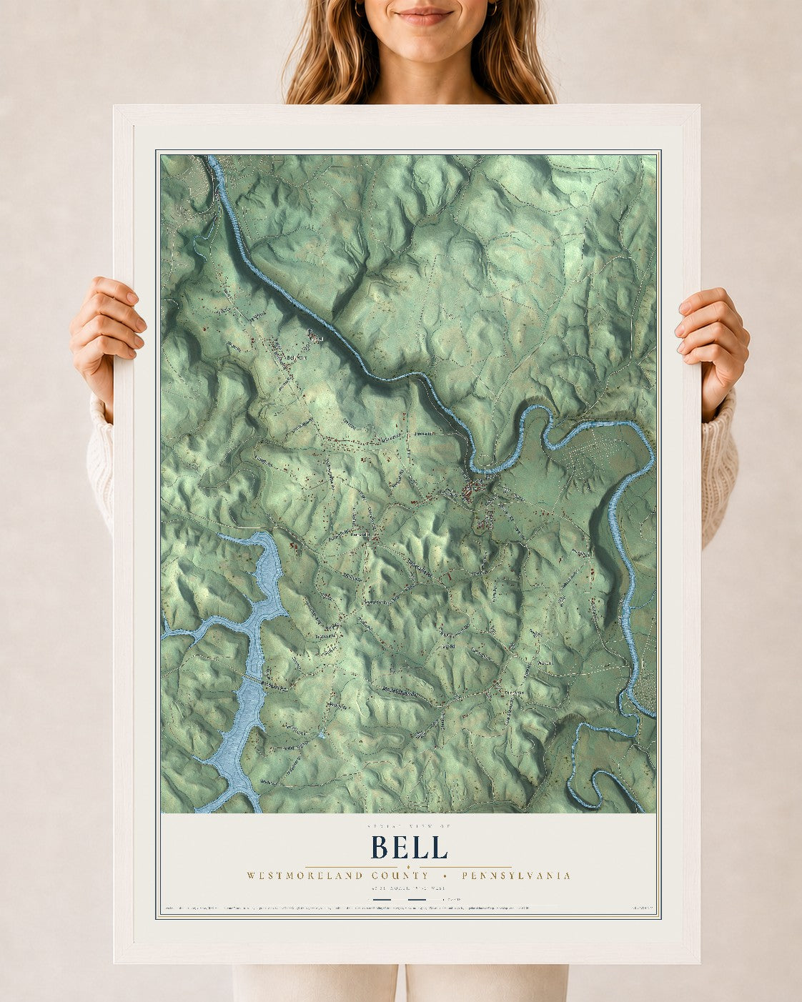 Map of Bell, Westmoreland County, Pennsylvania, 24 x 36 inch print in a white wood frame