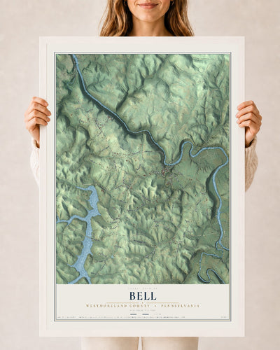 Map of Bell, Westmoreland County, Pennsylvania, 24 x 36 inch print in a white wood frame