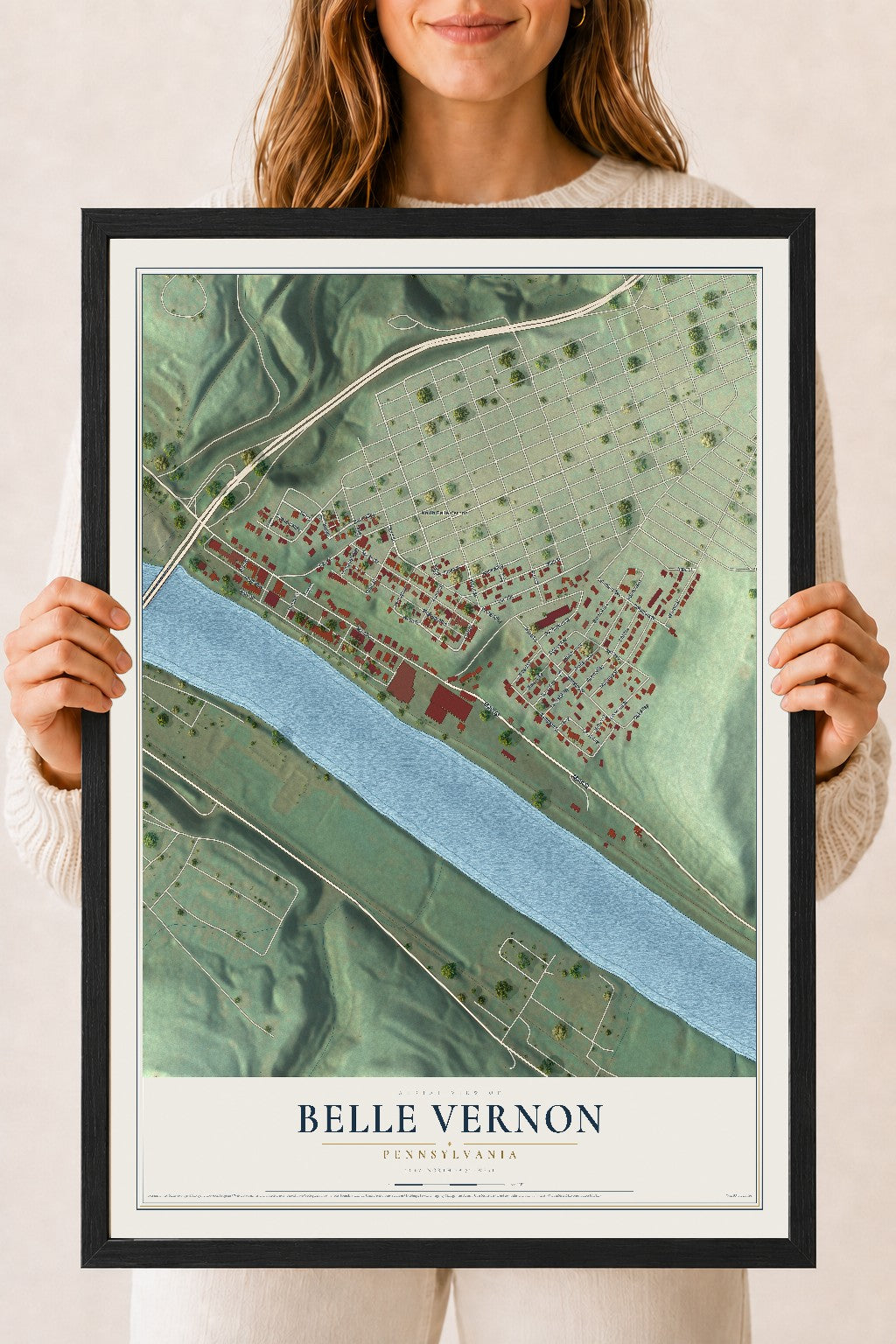 Map of Belle Vernon, Pennsylvania, 18 x 24 inch print in a black wood frame