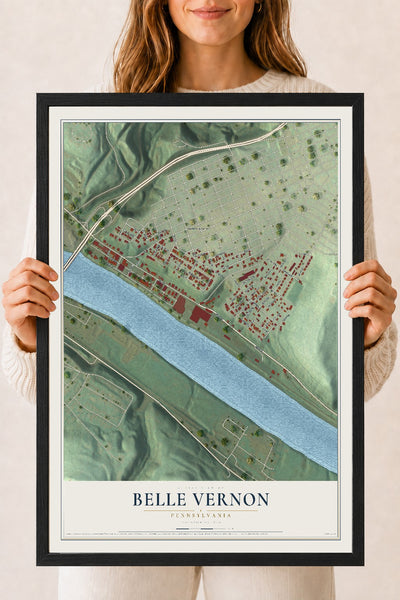 Map of Belle Vernon, Pennsylvania, 18 x 24 inch print in a black wood frame
