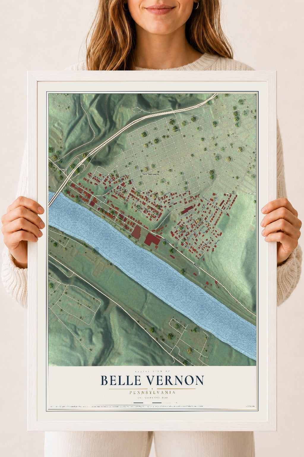 Map of Belle Vernon, Pennsylvania, 18 x 24 inch print in a white wood frame