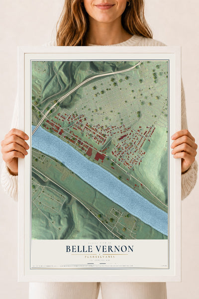 Map of Belle Vernon, Pennsylvania, 18 x 24 inch print in a white wood frame