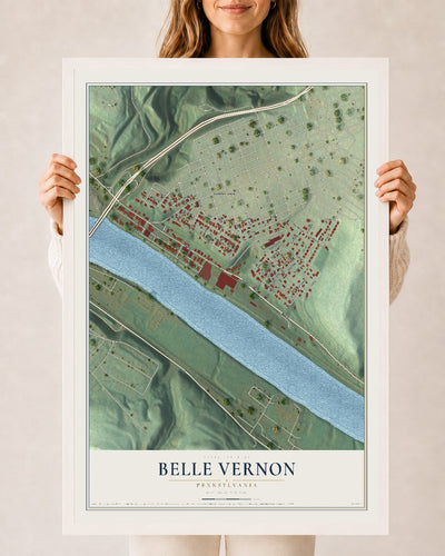 Map of Belle Vernon, Pennsylvania, 24 x 36 inch print in a white wood frame