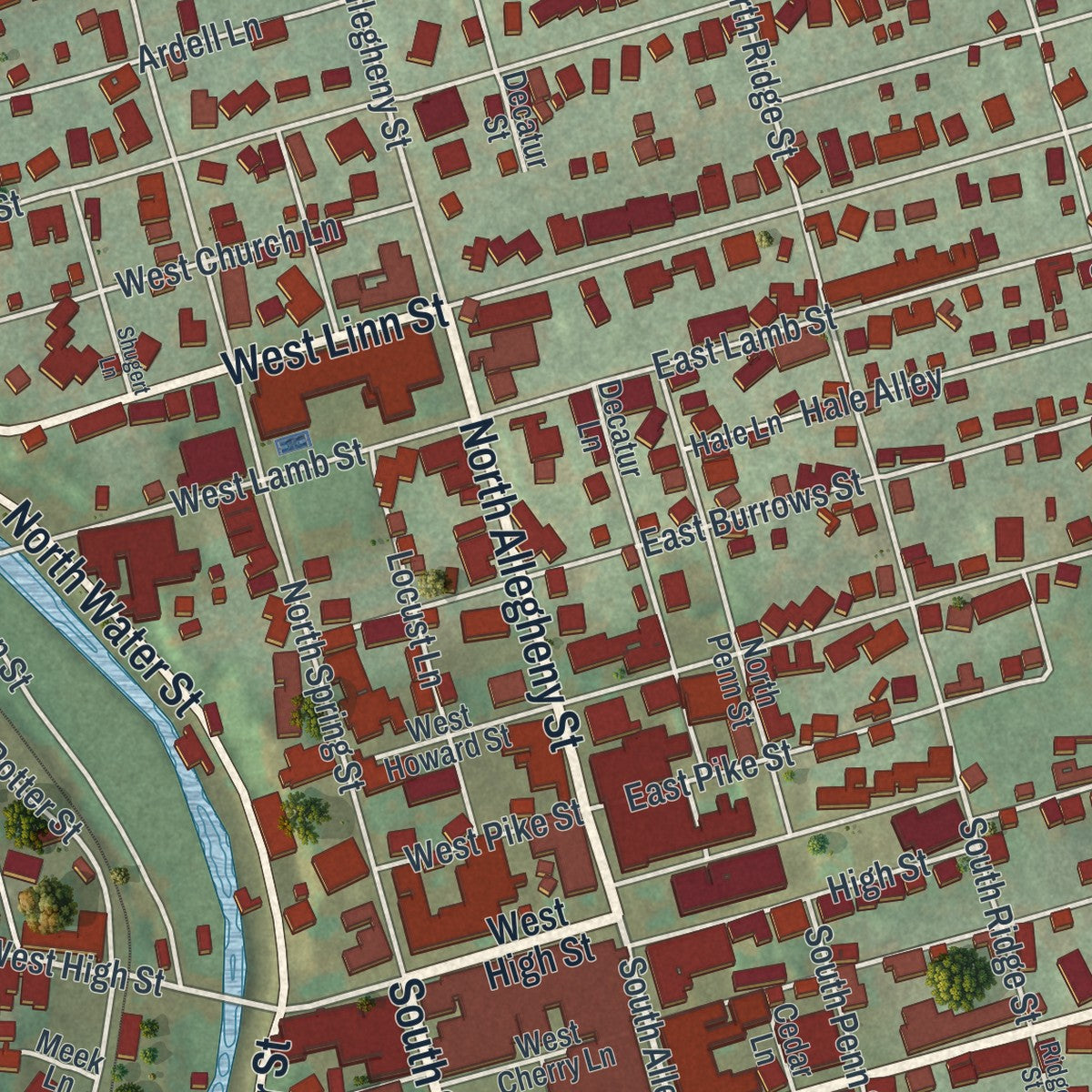 Close-up of the map of Bellefonte, Pennsylvania print showing street and building detail