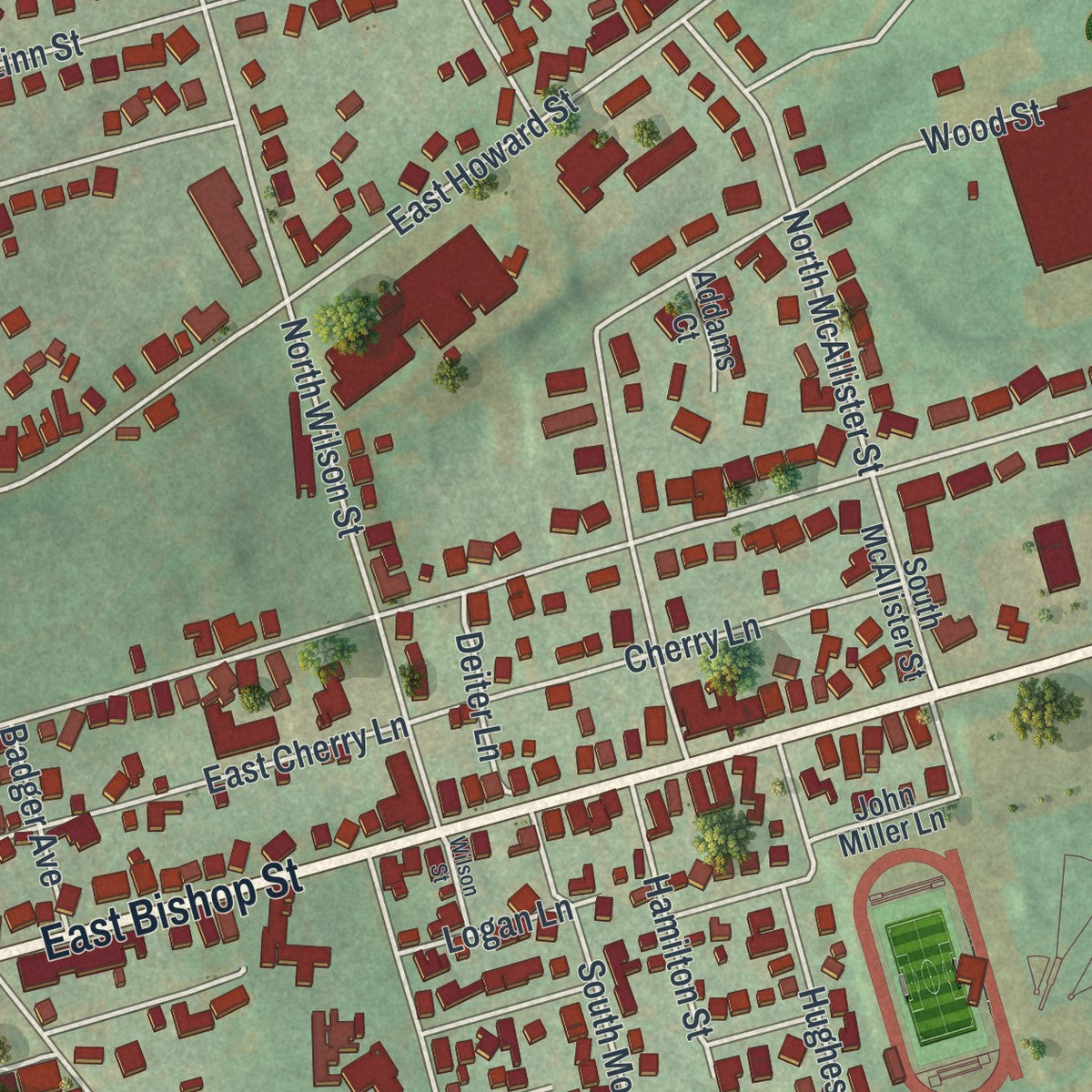 Second close-up of the map of Bellefonte, Pennsylvania print showing more streets and buildings