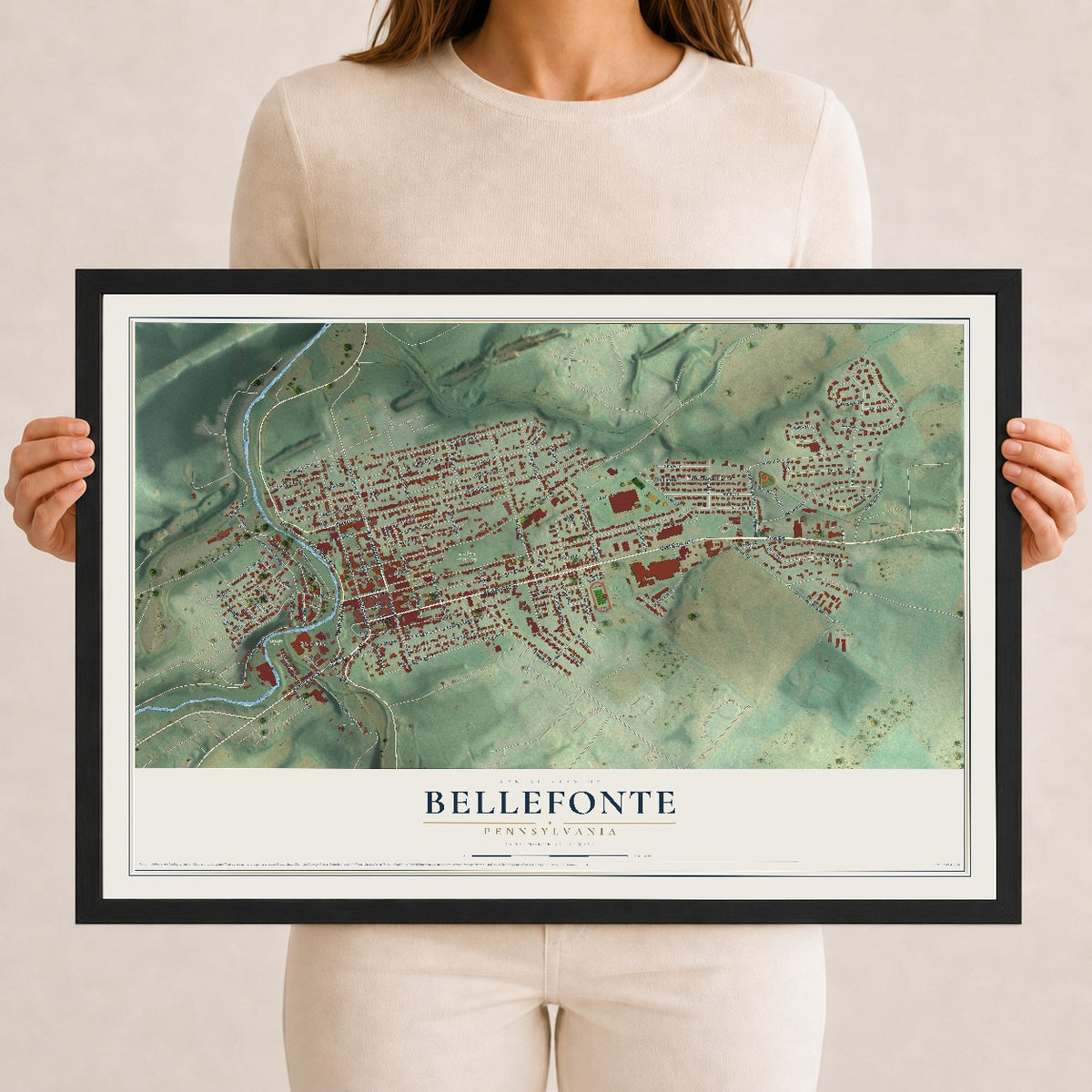 Map of Bellefonte, Pennsylvania, 12 x 18 inch print in a black wood frame