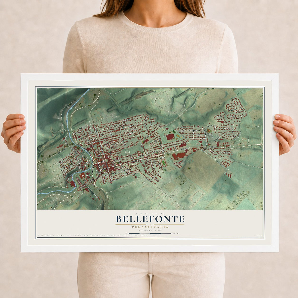 Map of Bellefonte, Pennsylvania, 12 x 18 inch print in a white wood frame