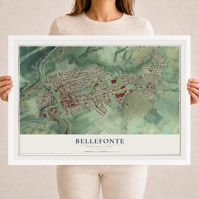 Map of Bellefonte, Pennsylvania, 18 x 24 inch print in a white wood frame