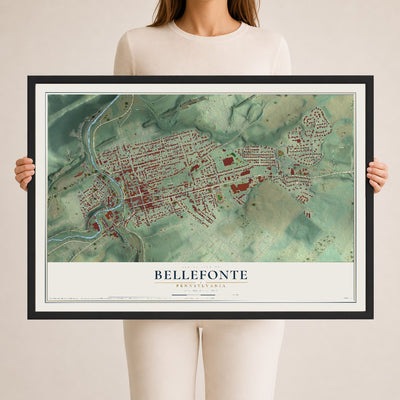 Map of Bellefonte, Pennsylvania, 24 x 36 inch print in a black wood frame