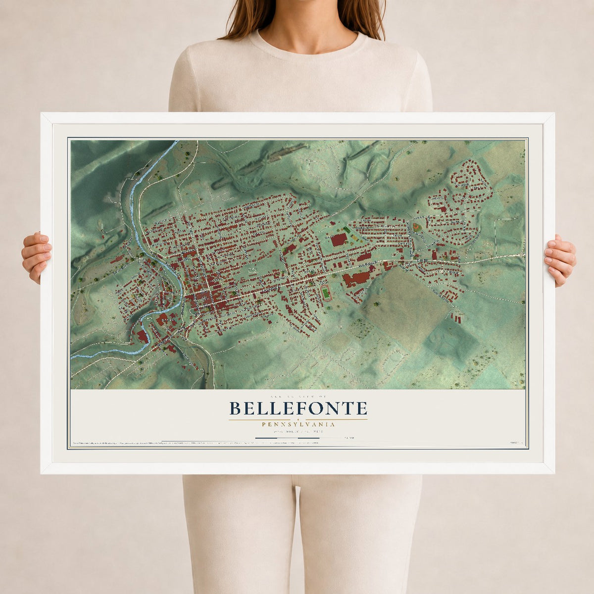 Map of Bellefonte, Pennsylvania, 24 x 36 inch print in a white wood frame