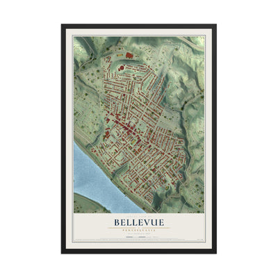 Map of Bellevue, Pennsylvania, 12 x 18 inch print in a black wood frame
