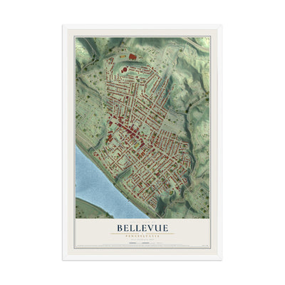 Map of Bellevue, Pennsylvania, 12 x 18 inch print in a white wood frame