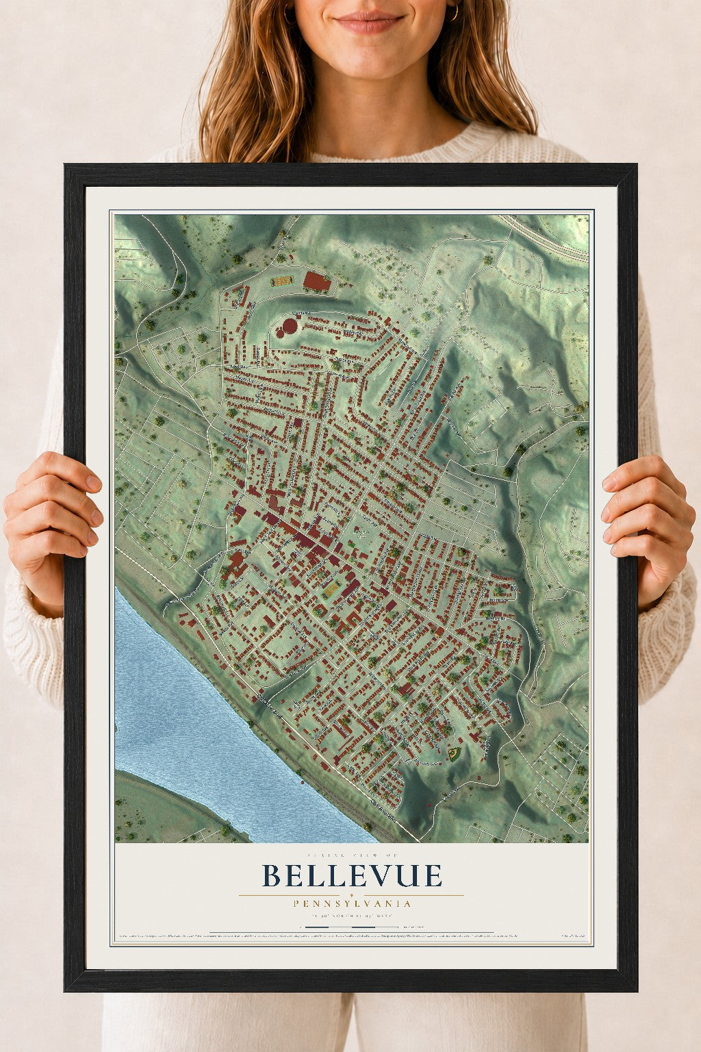 Map of Bellevue, Pennsylvania, 18 x 24 inch print in a black wood frame