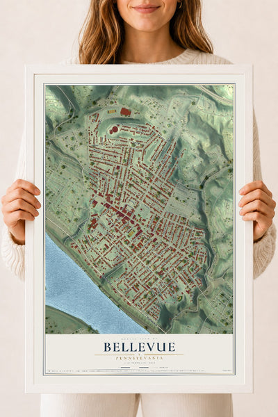 Map of Bellevue, Pennsylvania, 18 x 24 inch print in a white wood frame