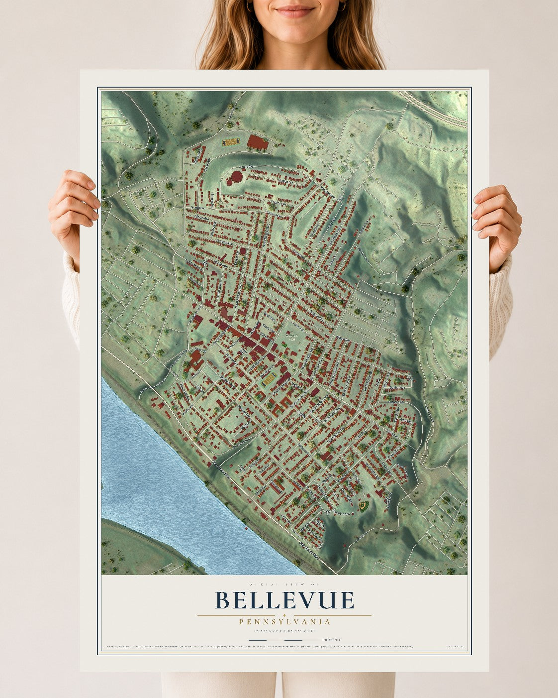 Map of Bellevue, Pennsylvania, 24 x 36 inch unframed archival matte print