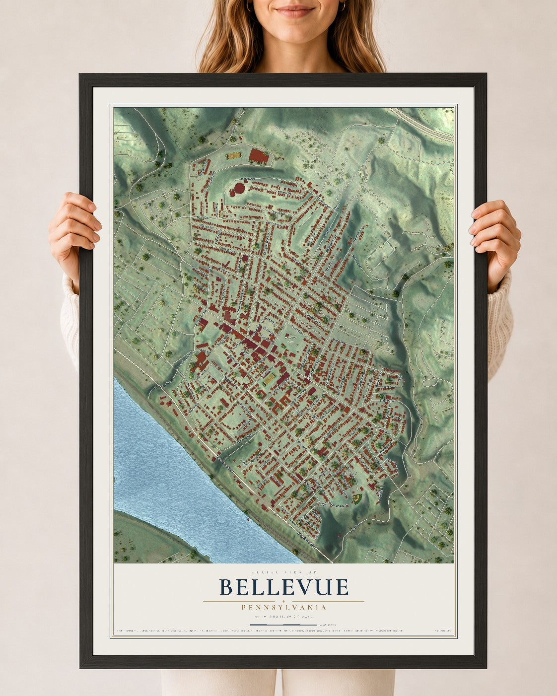 Map of Bellevue, Pennsylvania, 24 x 36 inch print in a black wood frame