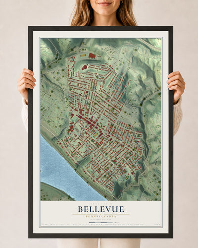 Map of Bellevue, Pennsylvania, 24 x 36 inch print in a black wood frame