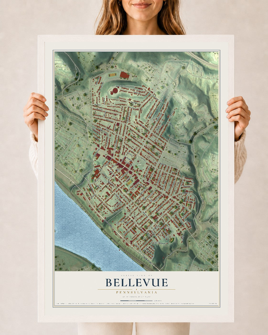 Map of Bellevue, Pennsylvania, 24 x 36 inch print in a white wood frame