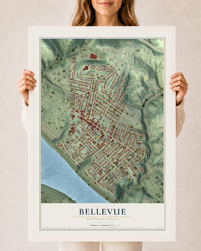 Map of Bellevue, Pennsylvania, 24 x 36 inch print in a white wood frame