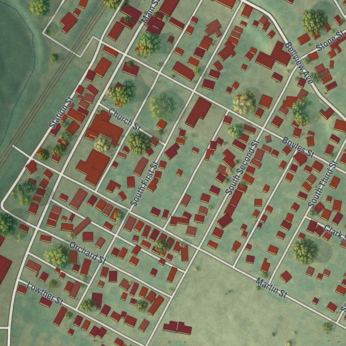 Second close-up of the map of Bellwood, Pennsylvania print showing more streets and buildings
