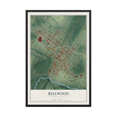 Map of Bellwood, Pennsylvania, 12 x 18 inch print in a black wood frame