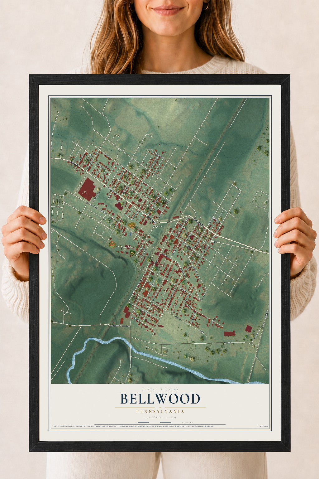 Map of Bellwood, Pennsylvania, 18 x 24 inch print in a black wood frame