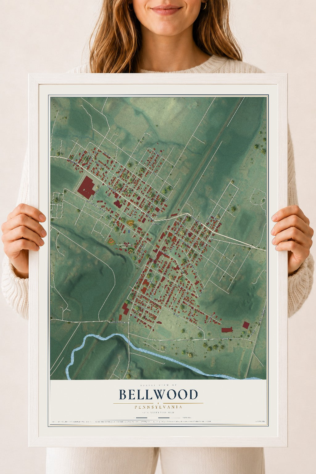 Map of Bellwood, Pennsylvania, 18 x 24 inch print in a white wood frame