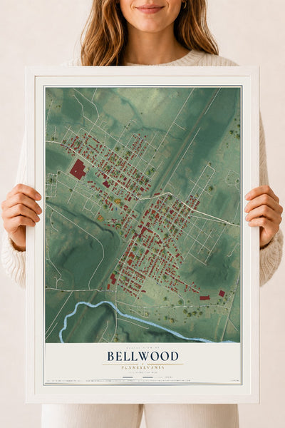 Map of Bellwood, Pennsylvania, 18 x 24 inch print in a white wood frame