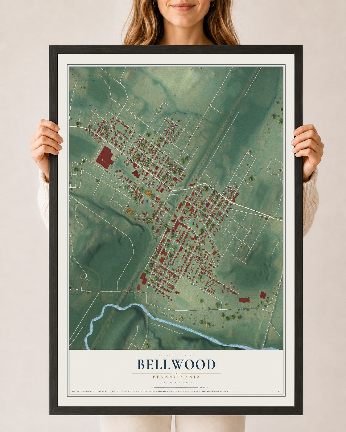 Map of Bellwood, Pennsylvania, 24 x 36 inch print in a black wood frame
