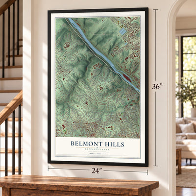 Belmont Hills, Pennsylvania map, 24 x 36 inch print in a black frame by a staircase
