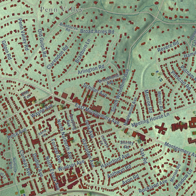 Close-up of the map of Belmont Hills, Pennsylvania print showing street and building detail