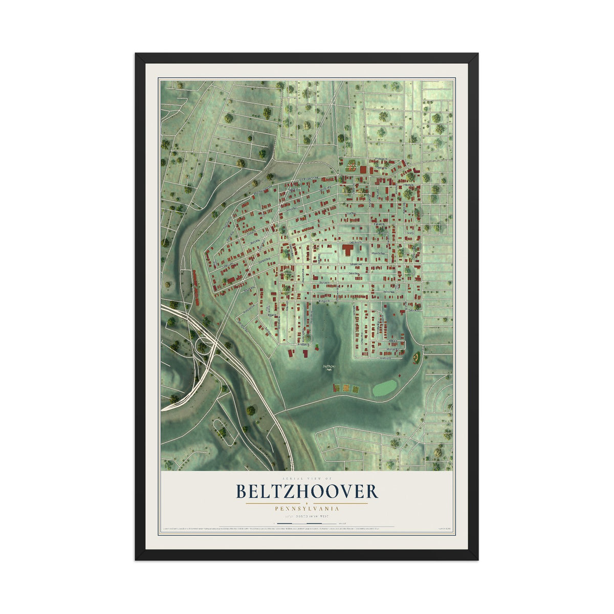 Map of Beltzhoover, Pennsylvania, 12 x 18 inch print in a black wood frame