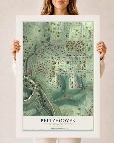 Map of Beltzhoover, Pennsylvania, 24 x 36 inch print in a white wood frame