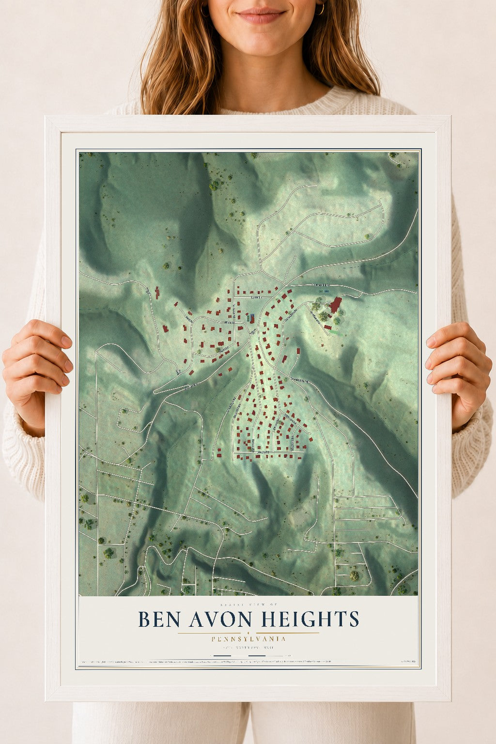 Map of Ben Avon Heights, Pennsylvania, 18 x 24 inch print in a white wood frame
