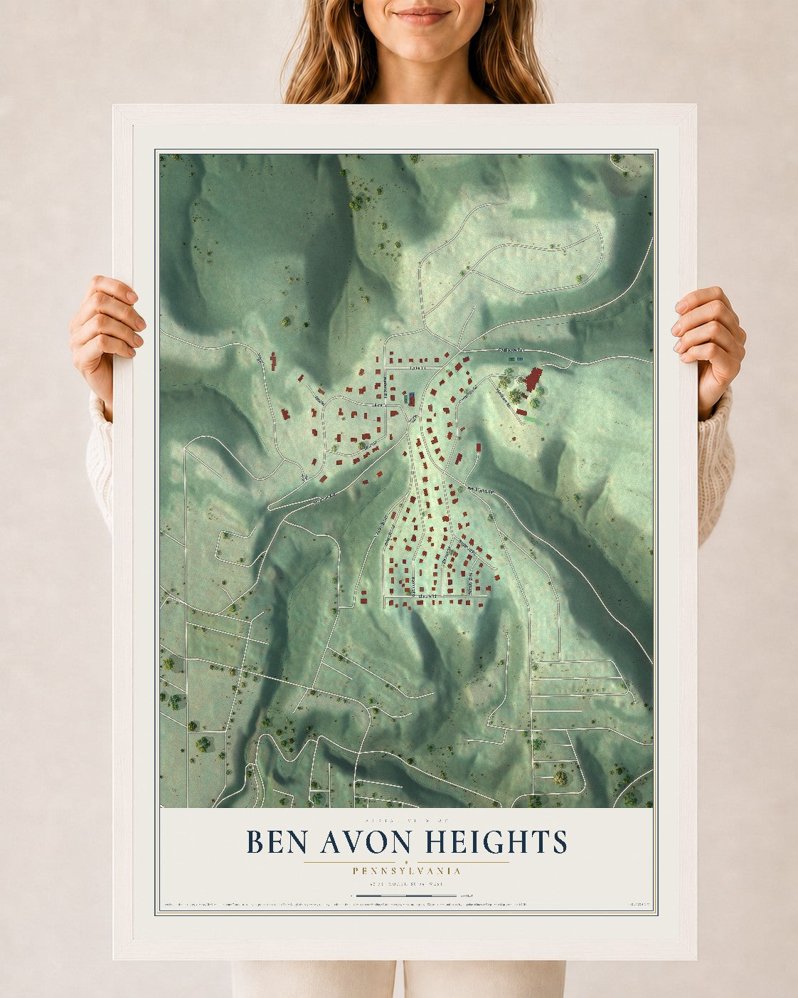 Map of Ben Avon Heights, Pennsylvania, 24 x 36 inch print in a white wood frame