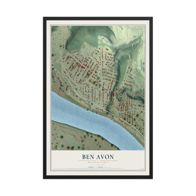 Map of Ben Avon, Pennsylvania, 12 x 18 inch print in a black wood frame