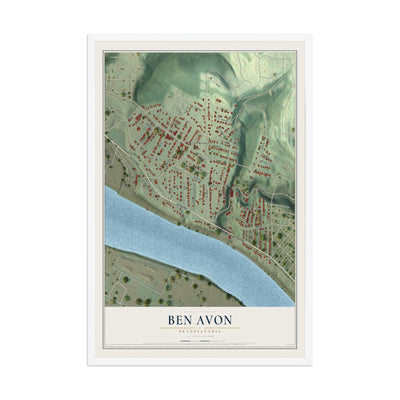 Map of Ben Avon, Pennsylvania, 12 x 18 inch print in a white wood frame