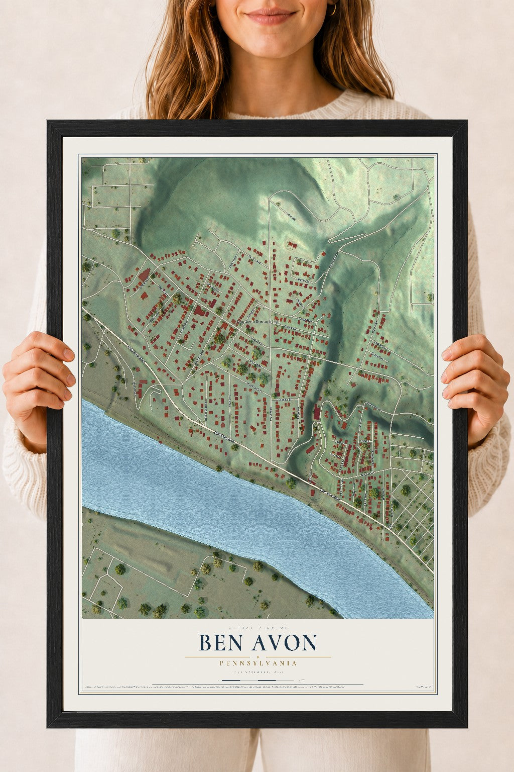 Map of Ben Avon, Pennsylvania, 18 x 24 inch print in a black wood frame