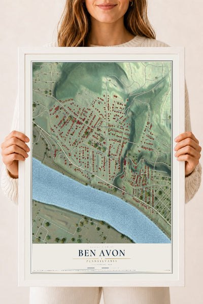 Map of Ben Avon, Pennsylvania, 18 x 24 inch print in a white wood frame