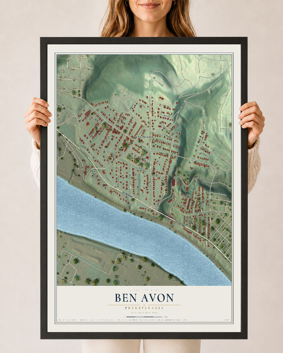 Map of Ben Avon, Pennsylvania, 24 x 36 inch print in a black wood frame