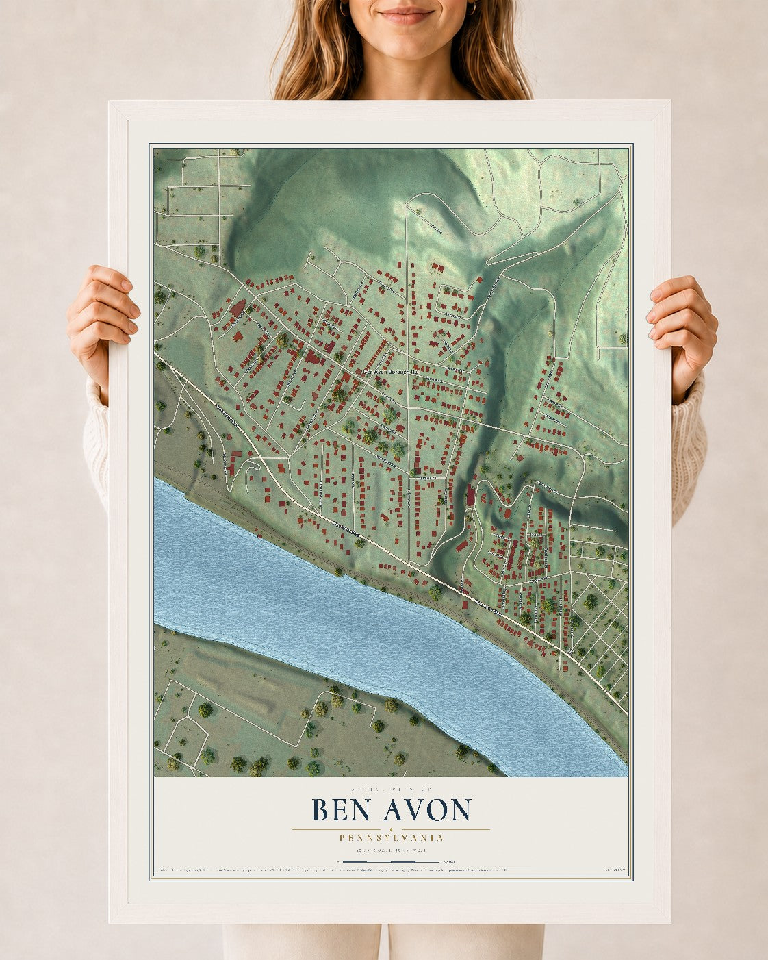 Map of Ben Avon, Pennsylvania, 24 x 36 inch print in a white wood frame