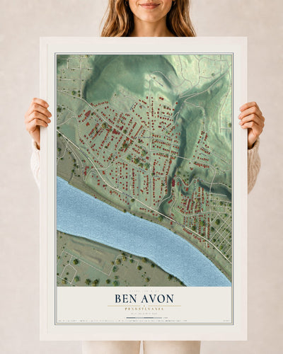 Map of Ben Avon, Pennsylvania, 24 x 36 inch print in a white wood frame