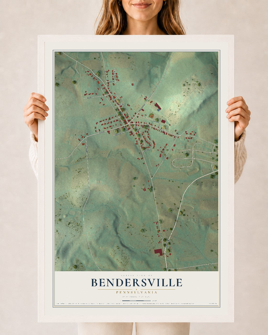 Map of Bendersville, Pennsylvania, 24 x 36 inch print in a white wood frame