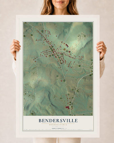Map of Bendersville, Pennsylvania, 24 x 36 inch print in a white wood frame