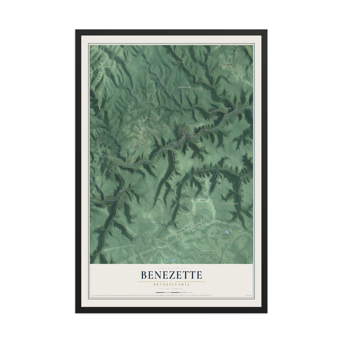 Map of Benezette, Pennsylvania, 12 x 18 inch print in a black wood frame
